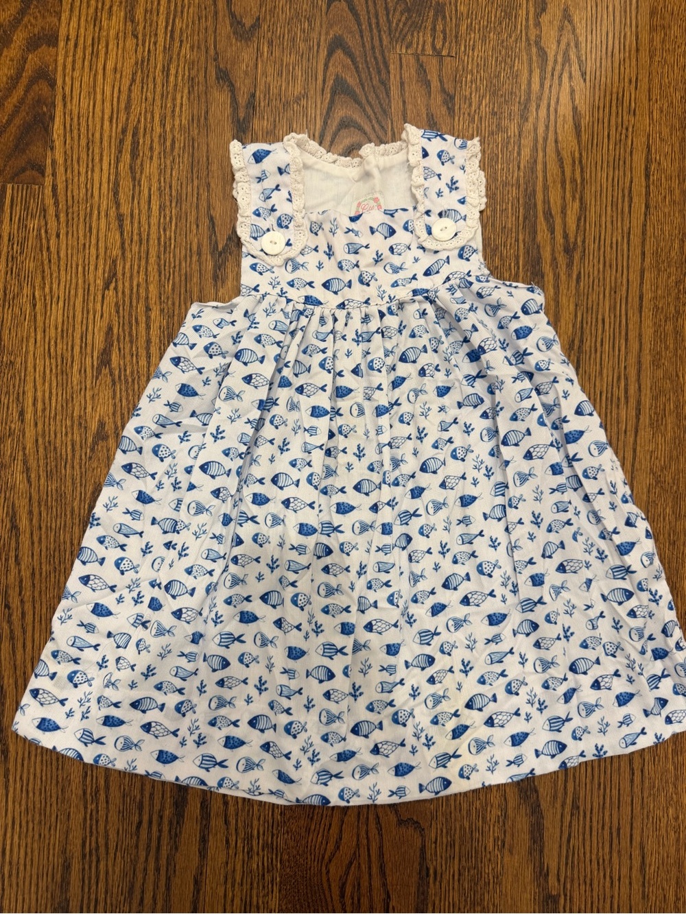 Girls White Dress with Blue Fish Print and Lace Straps